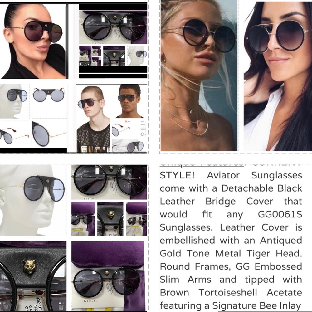 GUCCI UNISEX ROUND SUNGLASSES WITH DETACHABLE BLACK LEATHER & LOGO TIGER HEAD - Picture 3 of 16